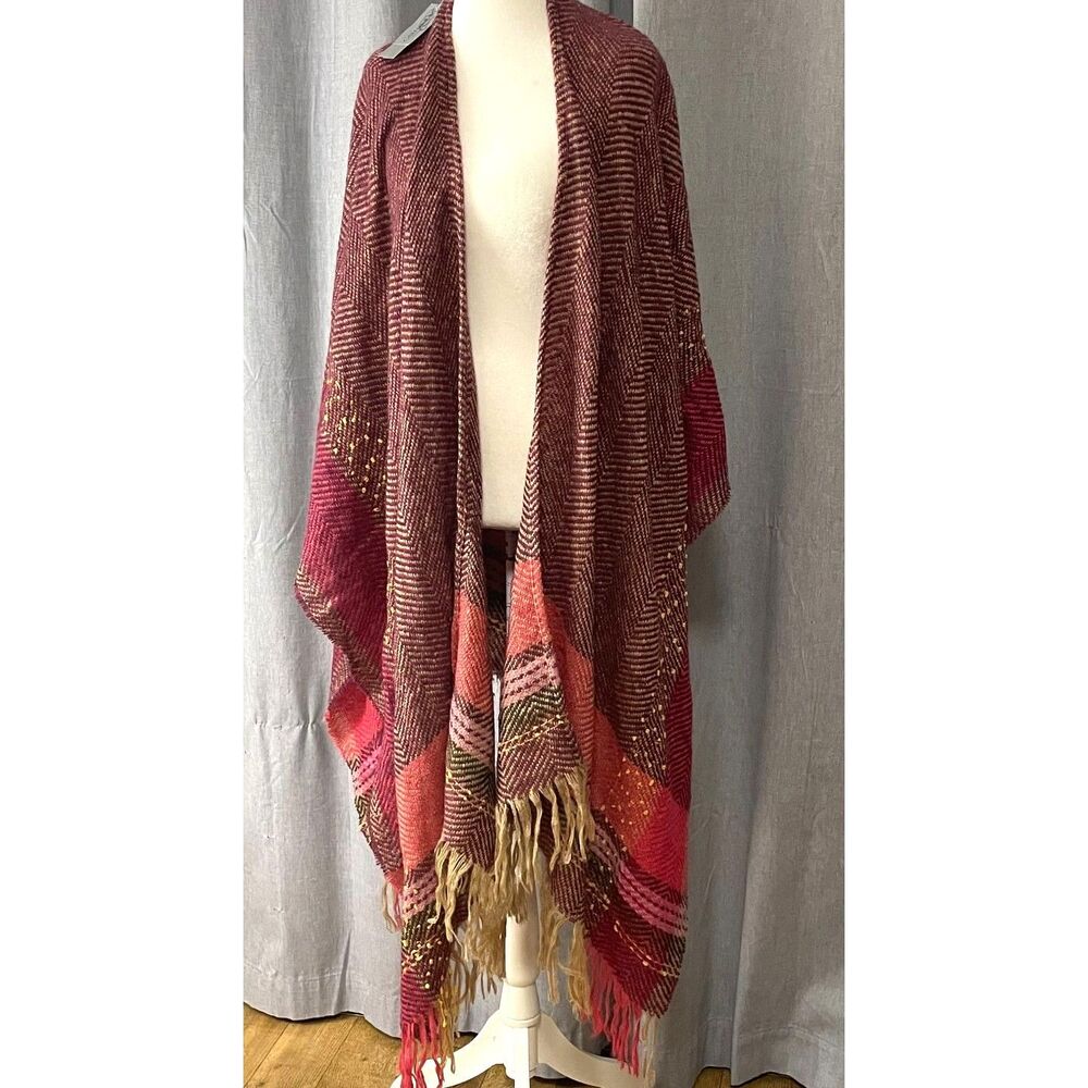 Catherines One Size Knit Ruana Shawl Poncho Fringe Sweater Wrap NWT